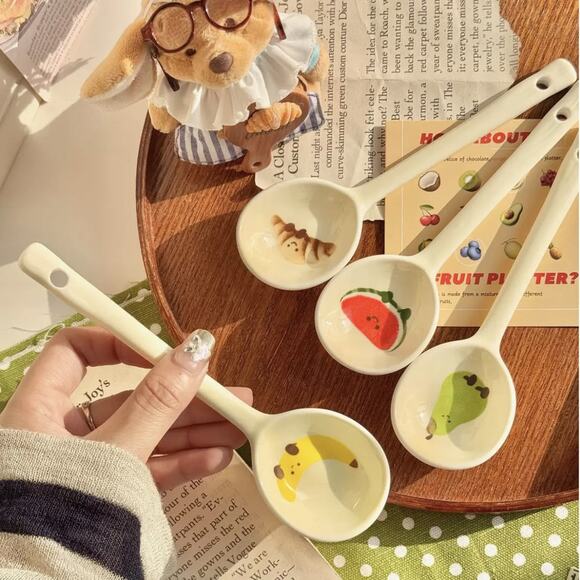 Adorable Cute Fruit Croissant Ceramic Rice Bowl with Spoon set of 4 - Picture 3 of 8